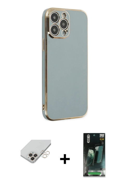 iPhone 14 Pro Max Kılıf Yankı Serisi - Şeffaf 360 Full Body Arka Koruyucu + Gold Band Metal Kam