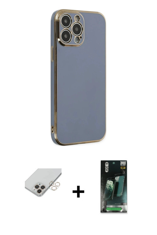 iPhone 14 Pro Max Kılıf Yankı Serisi - Şeffaf 360 Full Body Arka Koruyucu + Gold Band Metal Kam