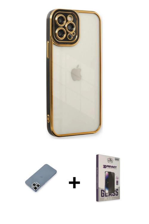 iPhone 12 Pro Max Kılıf Çekirdek Klasik Serisi - Siyah Bilvis Hayalet Cam Ekran Koruyucu + Gümü