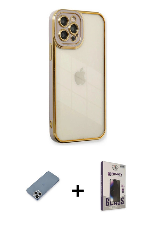 iPhone 12 Pro Max Kılıf Çekirdek Klasik Serisi - Siyah Bilvis Hayalet Cam Ekran Koruyucu + Gümü