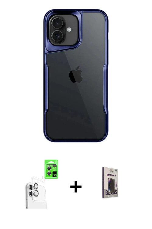 iPhone 16 Kılıf Akış Çizgi Koleksiyonu - Siyah Bilvis Hayalet Cam Ekran Koruyucu + Beyaz Raze M