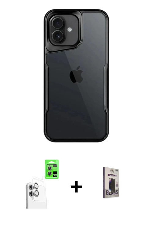 iPhone 16 Kılıf Akış Çizgi Koleksiyonu - Siyah Bilvis Hayalet Cam Ekran Koruyucu + Beyaz Raze M