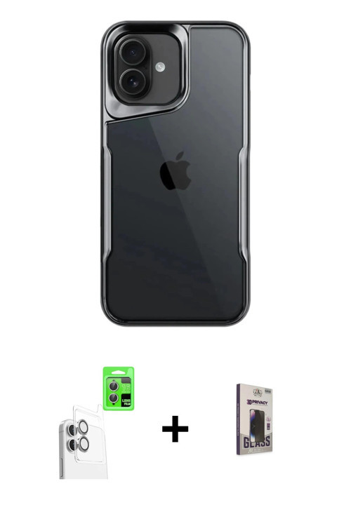 iPhone 16 Kılıf Akış Çizgi Koleksiyonu - Siyah Bilvis Hayalet Cam Ekran Koruyucu + Beyaz Raze M