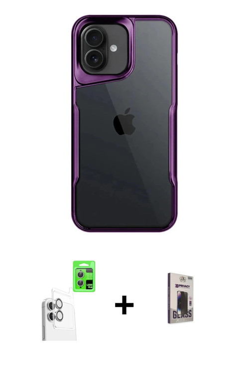 iPhone 16 Kılıf Akış Çizgi Koleksiyonu - Siyah Bilvis Hayalet Cam Ekran Koruyucu + Beyaz Raze M