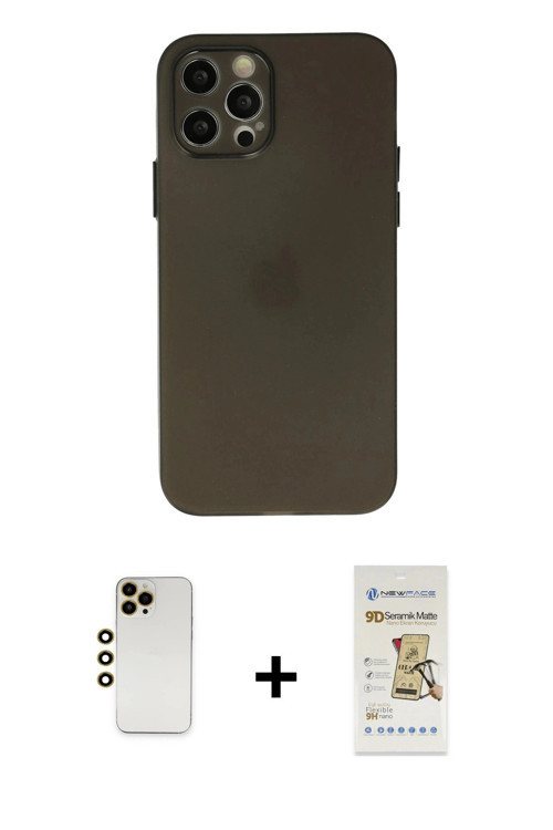 iPhone 12 Pro Max Kılıf Atlas Minimal Prime - Siyah Mat Seramik Nano Ekran Koruyucu + Gold Shin