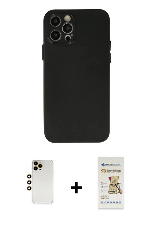 iPhone 12 Pro Max Kılıf Atlas Minimal Prime - Siyah Mat Seramik Nano Ekran Koruyucu + Gold Shin