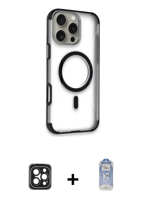 iPhone 16 Pro Max Kılıf Eksen Klasik Koleksiyonu - Siyah Joko Magic 5D Cam + Siyah PVD Metal Ka