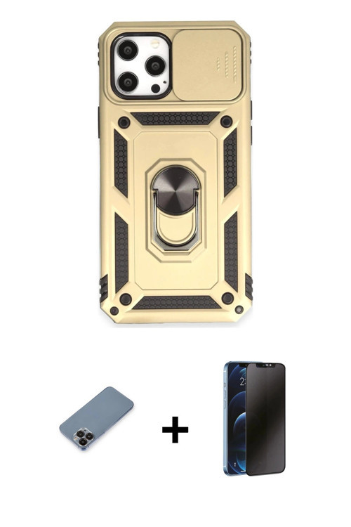iPhone 12 Pro Max Kılıf Ahenk Klasik - Siyah 3D Antistatik Hayalet Cam Ekran Koruyucu + Siyah M