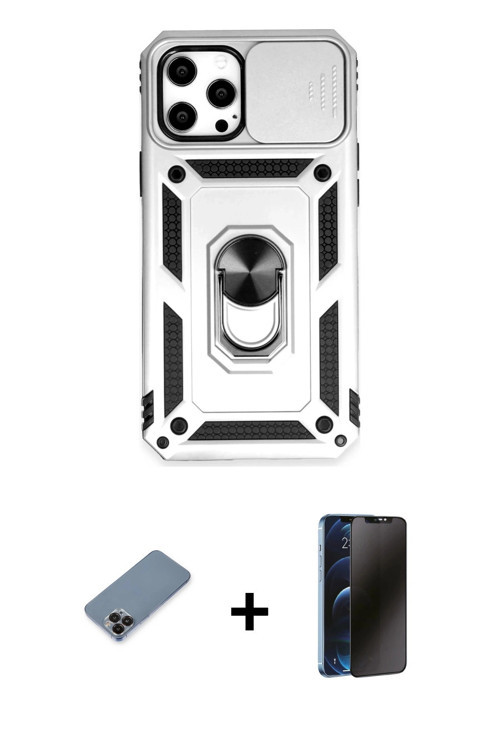 iPhone 12 Pro Max Kılıf Ahenk Klasik - Siyah 3D Antistatik Hayalet Cam Ekran Koruyucu + Siyah M