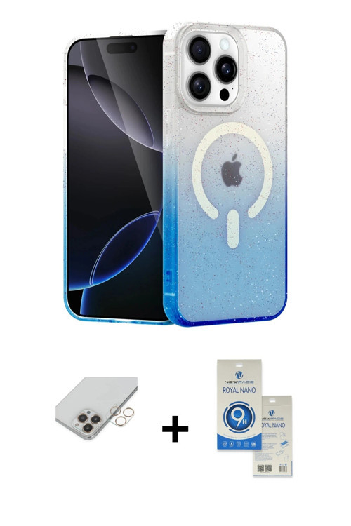 iPhone 14 Pro Max Kılıf Eksen Minimal Özel Seri - Şeffaf Royal Nano Ekran Koruyucu + Gold Band