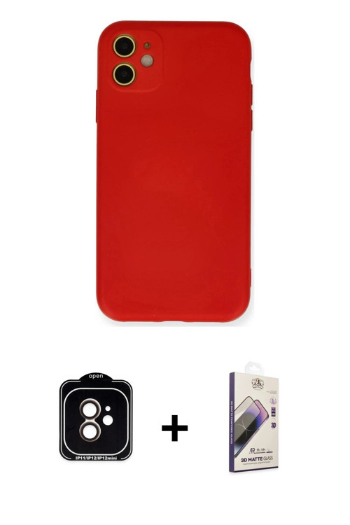 iPhone 11 Kılıf Ahenk Serisi - Siyah Bilvis 3D Mat Cam Ekran Koruyucu + Turuncu PVD Metal Kamer