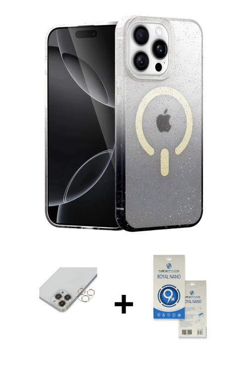 iPhone 14 Pro Max Kılıf Eksen Minimal Özel Seri - Şeffaf Royal Nano Ekran Koruyucu + Gold Band