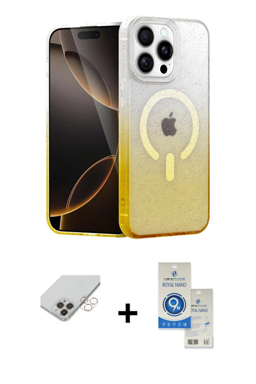 iPhone 14 Pro Max Kılıf Eksen Minimal Özel Seri - Şeffaf Royal Nano Ekran Koruyucu + Gold Band