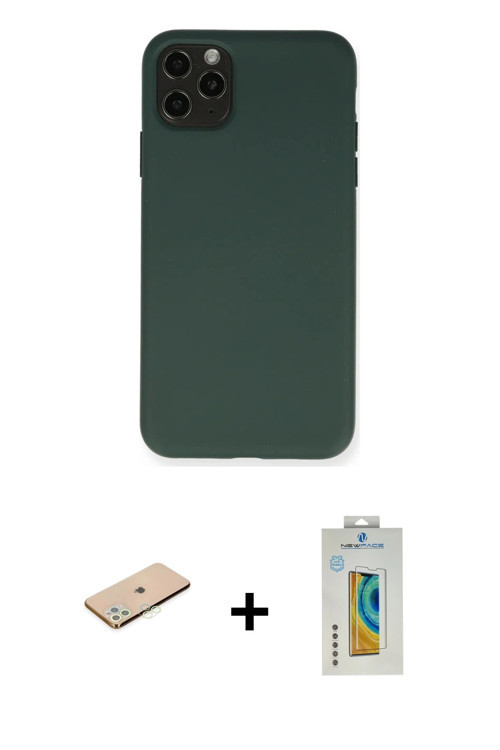 iPhone 11 Pro Max Kılıf Ahenk Serisi - Siyah Polymer Nano Ekran Koruyucu + Yeşil Renkli Kamera