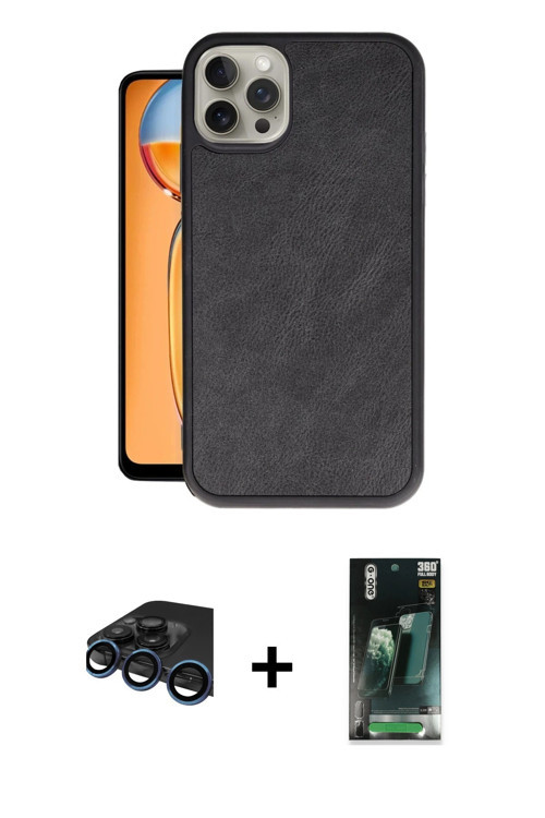 ieg™ iPhone 15 Pro Kılıf Kıvılcım Işık Serisi - Siyah 360 Mat Full Body Arka Koruyucu + Lacivert Raz