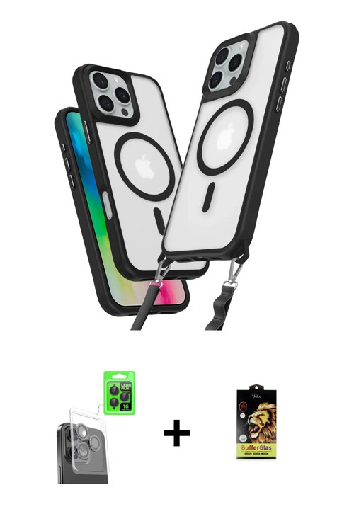 ieg™ iPhone 16 Pro Max Kılıf Atlas Doku Koleksiyonu - Siyah Buffer Cam Ekran Koruyucu + Siyah Raze M