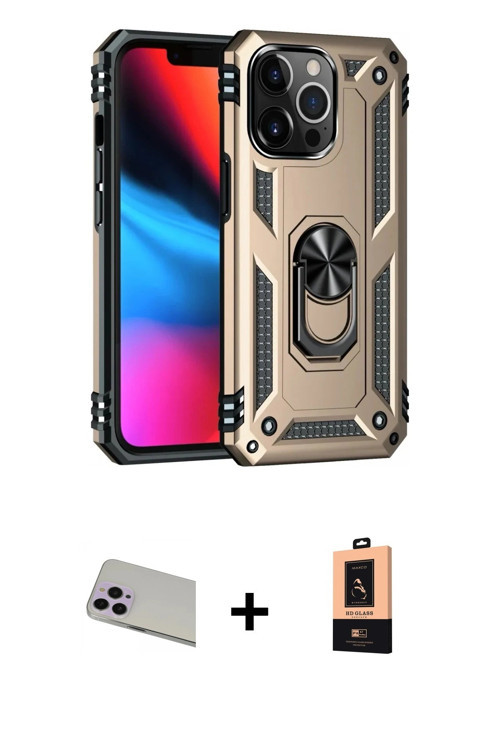 iPhone 13 Pro Max Kılıf Ahenk Klasik Koleksiyonu - Şeffaf Maxco Cam Ekran Koruyucu + Mor Rainbo