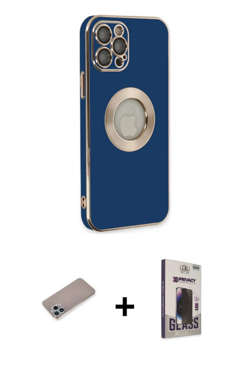 ieg™ iPhone 12 Pro Max Kılıf İz Form Serisi - Siyah Bilvis Hayalet Cam Ekran Koruyucu + Sierra Blue