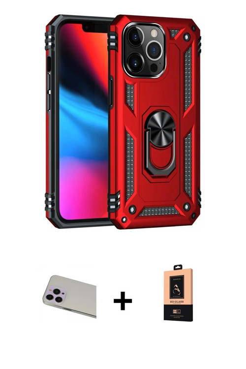 iPhone 13 Pro Max Kılıf Ahenk Klasik Koleksiyonu - Şeffaf Maxco Cam Ekran Koruyucu + Mor Rainbo