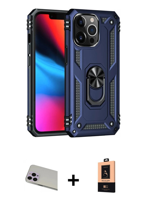 iPhone 13 Pro Max Kılıf Ahenk Klasik Koleksiyonu - Şeffaf Maxco Cam Ekran Koruyucu + Mor Rainbo