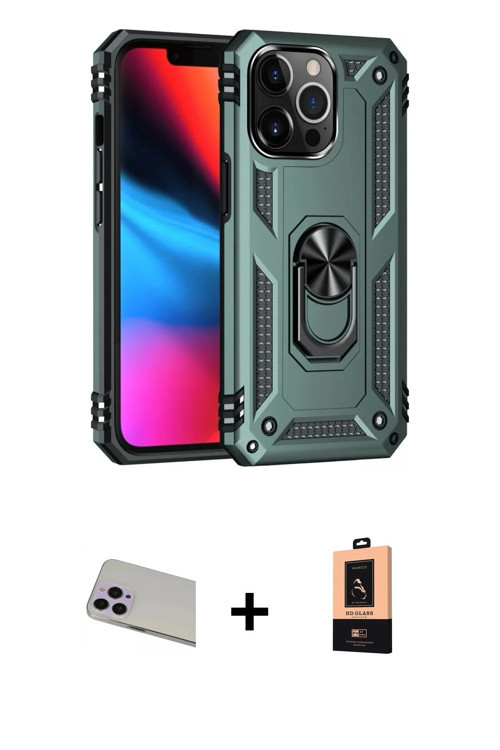 iPhone 13 Pro Max Kılıf Ahenk Klasik Koleksiyonu - Şeffaf Maxco Cam Ekran Koruyucu + Mor Rainbo