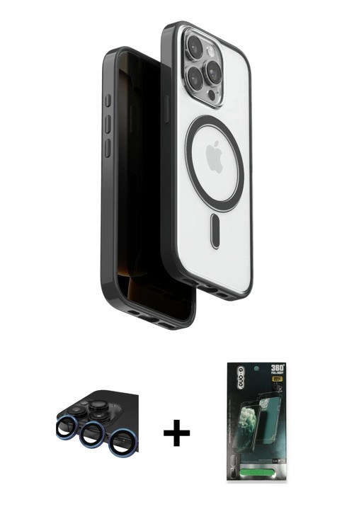 ieg™ iPhone 15 Pro Max Kılıf Pusula Form Serisi - Siyah 360 Mat Full Body Arka Koruyucu + Lacivert R