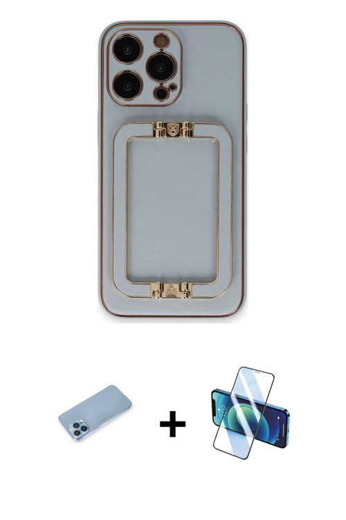 iPhone 13 Pro Max Kılıf Kozmos Minimal Prime - Siyah 3D Antistatik Cam Ekran Koruyucu + Mavi Sh