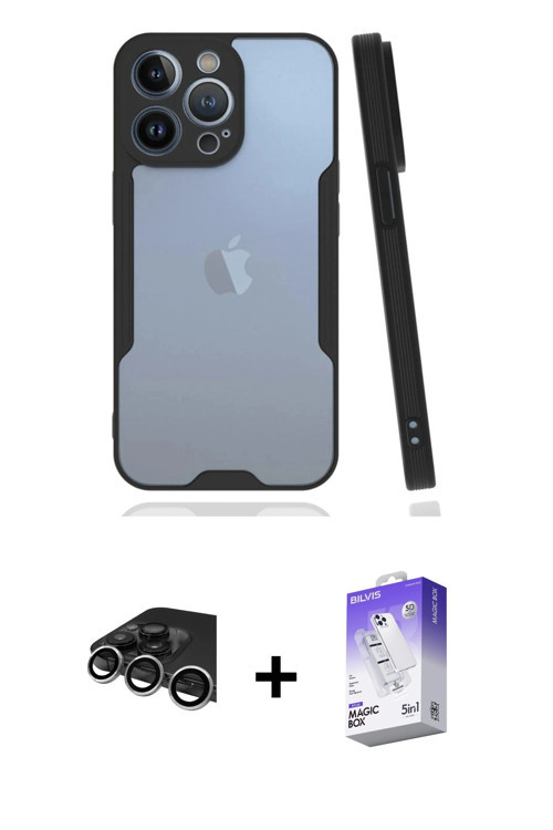 iPhone 14 Pro Max Kılıf Atlas Asil Serisi - Siyah Bilvis 5in1 3D Magic Cam Ekran Koruyucu + Güm