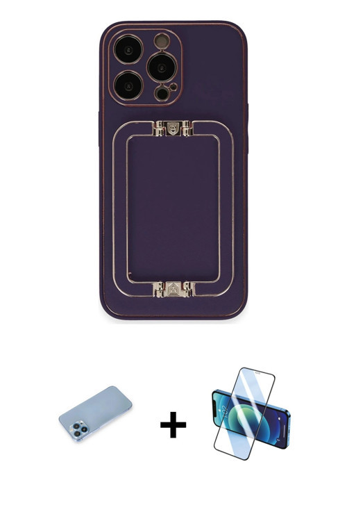 iPhone 13 Pro Max Kılıf Kozmos Minimal Prime - Siyah 3D Antistatik Cam Ekran Koruyucu + Mavi Sh
