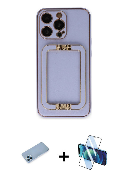 iPhone 13 Pro Max Kılıf Kozmos Minimal Prime - Siyah 3D Antistatik Cam Ekran Koruyucu + Mavi Sh