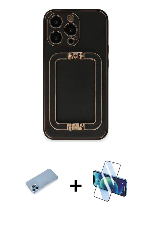 iPhone 13 Pro Max Kılıf Kozmos Minimal Prime - Siyah 3D Antistatik Cam Ekran Koruyucu + Mavi Sh