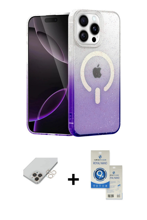 iPhone 14 Pro Max Kılıf Eksen Minimal Özel Seri - Şeffaf Royal Nano Ekran Koruyucu + Gold Band