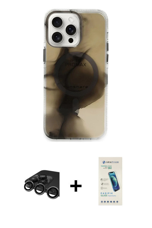 iPhone 15 Pro Max Kılıf Ufuk Doku Prime - Şeffaf Pasifik Cam Ekran Koruyucu + Titanyum Gri Raze