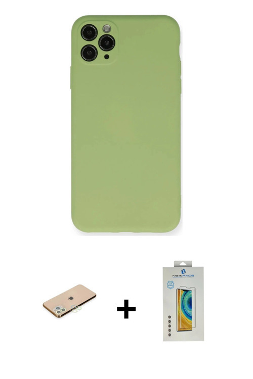 iPhone 11 Pro Max Kılıf Ahenk Serisi - Siyah Polymer Nano Ekran Koruyucu + Yeşil Renkli Kamera
