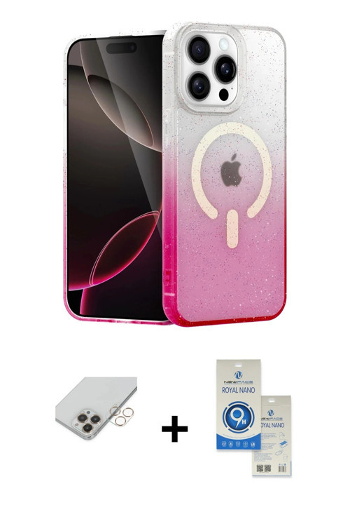 iPhone 14 Pro Max Kılıf Eksen Minimal Özel Seri - Şeffaf Royal Nano Ekran Koruyucu + Gold Band