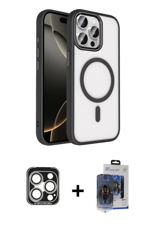 iPhone 15 Pro Max Kılıf Kıvılcım Prime - Siyah Vanessa Magic Cam + Gümüş PVD Metal Kamera Lens