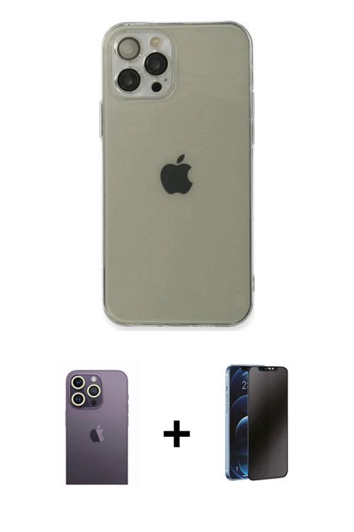 iPhone 12 Pro Max Kılıf Ahenk Doku - Siyah 3D Antistatik Hayalet Cam Ekran Koruyucu + Beyaz Neo