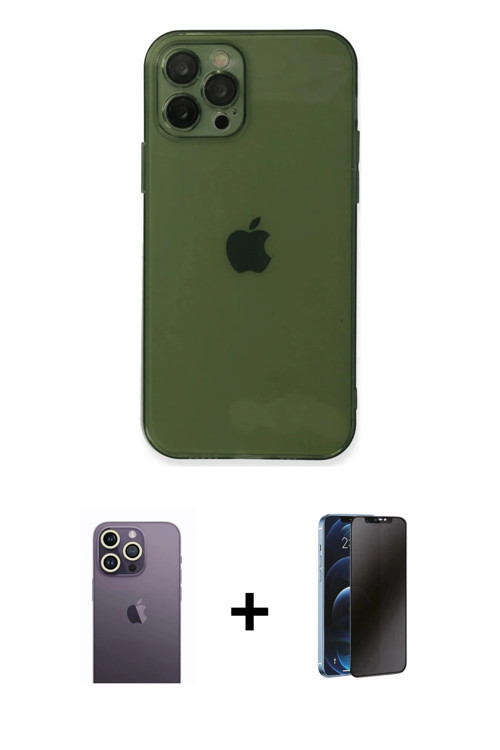 iPhone 12 Pro Max Kılıf Ahenk Doku - Siyah 3D Antistatik Hayalet Cam Ekran Koruyucu + Beyaz Neo