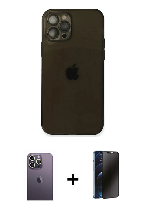 iPhone 12 Pro Max Kılıf Ahenk Doku - Siyah 3D Antistatik Hayalet Cam Ekran Koruyucu + Beyaz Neo