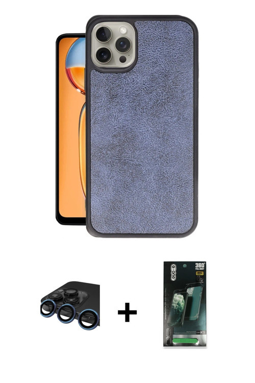 ieg™ iPhone 15 Pro Kılıf Kıvılcım Işık Serisi - Siyah 360 Mat Full Body Arka Koruyucu + Lacivert Raz