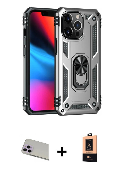 iPhone 13 Pro Max Kılıf Ahenk Klasik Koleksiyonu - Şeffaf Maxco Cam Ekran Koruyucu + Mor Rainbo