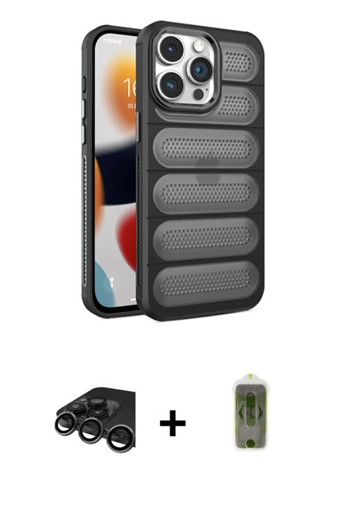 iPhone 15 Pro Max Kılıf Yadigar Doku Özel Seri - Siyah Joko Magic 5D Hayalet Cam + Titanyum Gri
