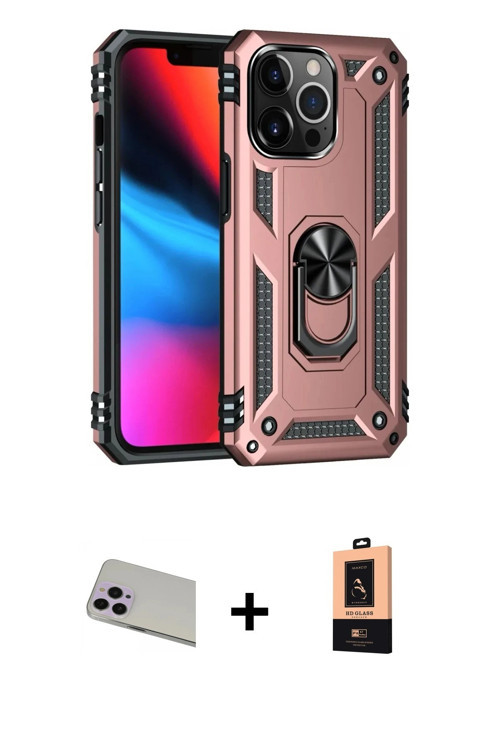 iPhone 13 Pro Max Kılıf Ahenk Klasik Koleksiyonu - Şeffaf Maxco Cam Ekran Koruyucu + Mor Rainbo