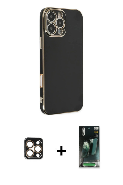 iPhone 16 Pro Max Kılıf Yankı Serisi - Siyah 360 Mat Full Body Arka Koruyucu + Gold PVD Metal K