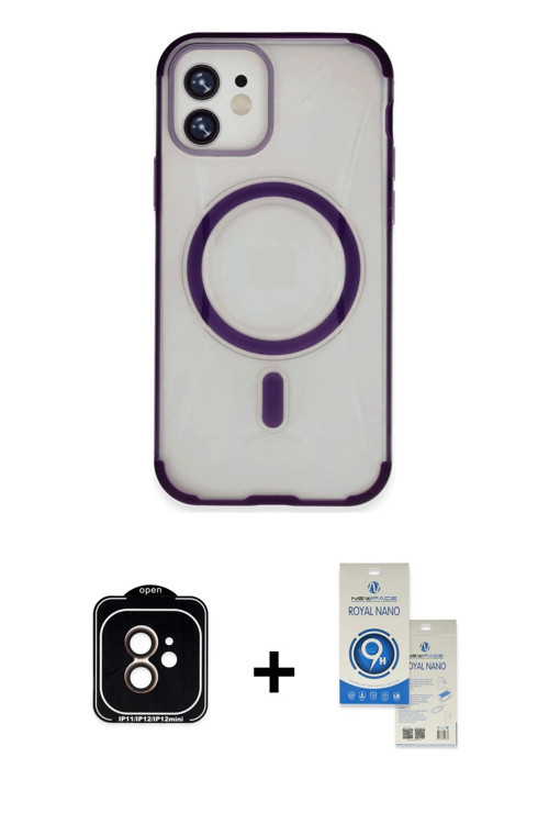 iPhone 11 Kılıf Eksen Klasik Koleksiyonu - Şeffaf Royal Nano Ekran Koruyucu + Turuncu PVD Metal