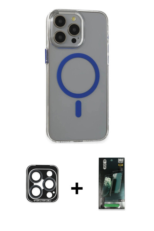 iPhone 15 Pro Max Kılıf Odak Form Özel Seri - Şeffaf 360 Full Body Arka Koruyucu + Lacivert PVD