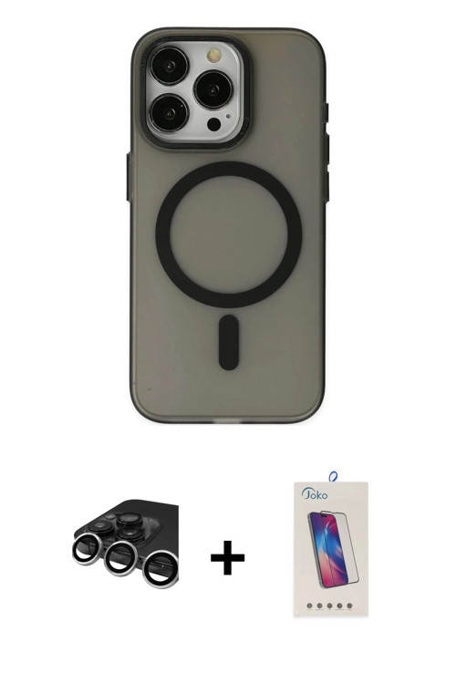 ieg™ iPhone 15 Pro Kılıf Yadigar Işık - Siyah Joko 5D Cam + Gümüş Raze Metal Kamera Lens