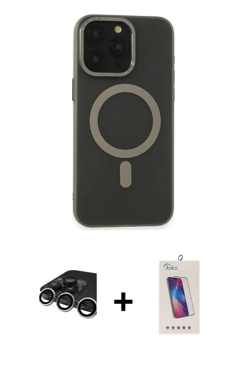 ieg™ iPhone 15 Pro Kılıf Yadigar Işık - Siyah Joko 5D Cam + Gümüş Raze Metal Kamera Lens