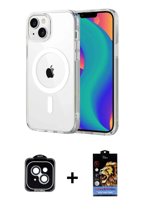 ieg™ iPhone 14 Kılıf Ahenk Minimal Serisi - Siyah Buffer Hayalet Cam Ekran Koruyucu + Mavi PVD Metal