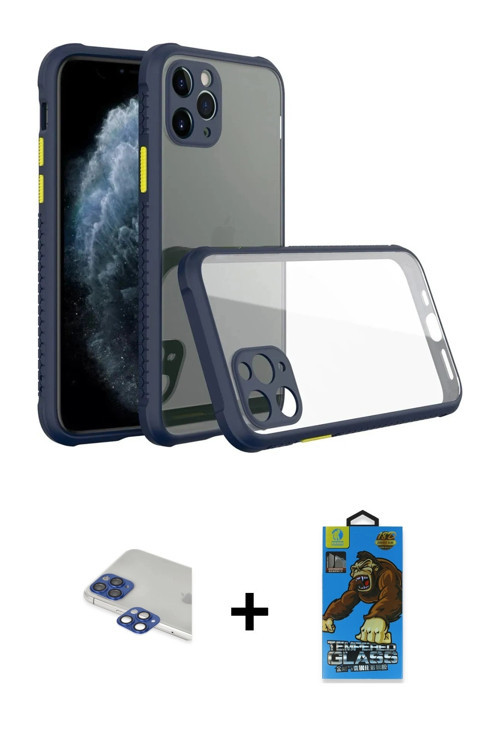 ieg™ iPhone 11 Pro Max Kılıf Nova Asil Özel Seri - Siyah 18D Cam Ekran Koruyucu + Lacivert Pers Alüm